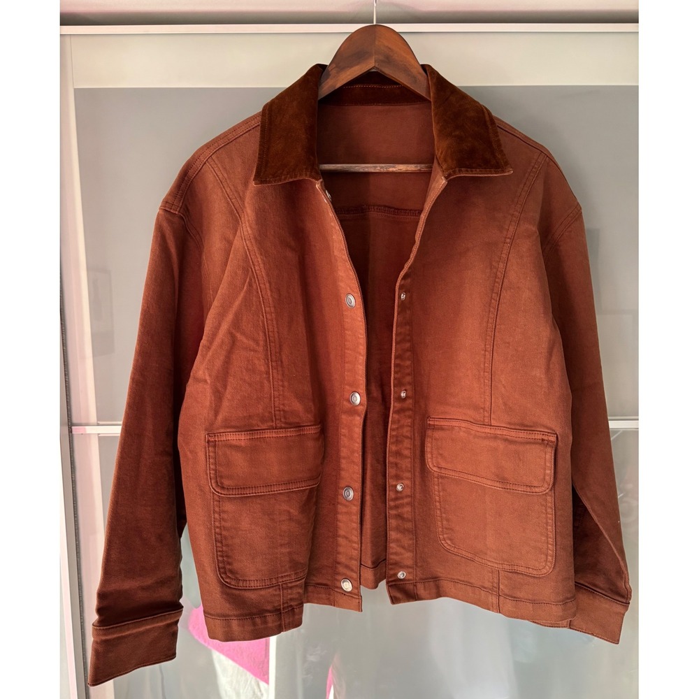 Womens Brown Canvas Barn Jacket Corduroy Velvet Collar Utility Chore Coat